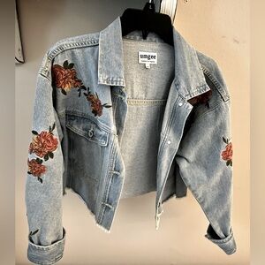 Umgee Women's Light Blue Denim Jacket with Floral Embroidery Cropped